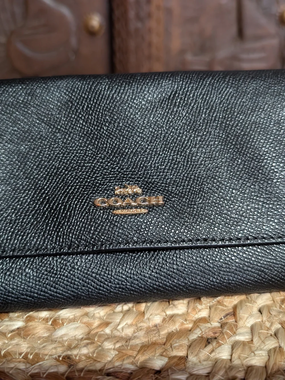 Coach Slim Trifold Wallet Black Crossgrain Leather Long Wallet